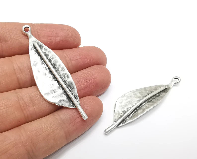 2 Silver Hammered Leaf Charms Antique Silver Plated Charms (60x18mm) G27361