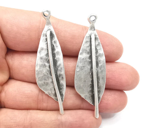 2 Silver Hammered Leaf Charms Antique Silver Plated Charms (60x18mm) G27361