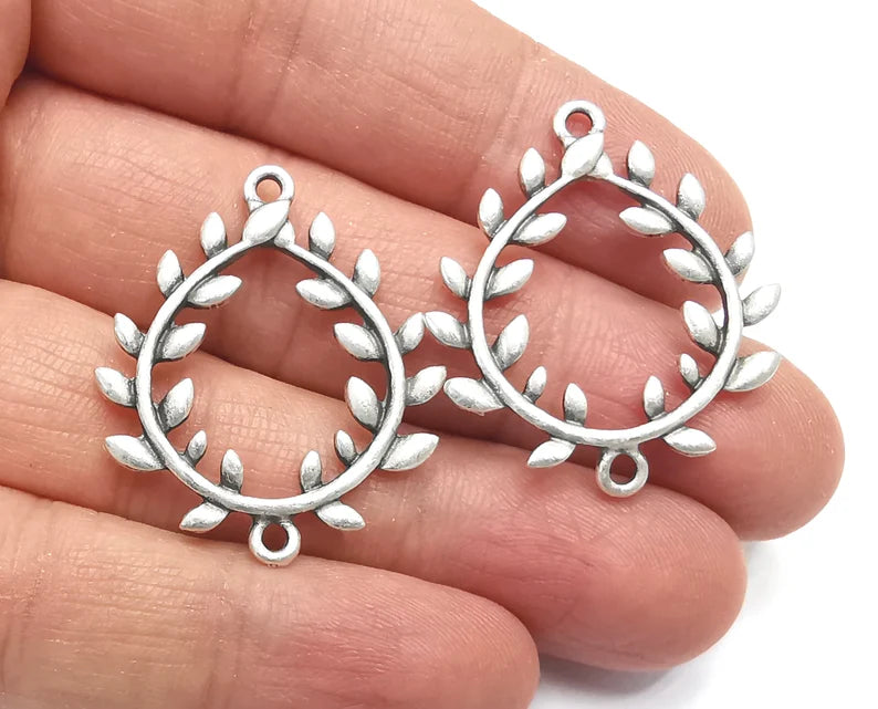 2 Leaf Branch Wreath Charms Connector Antique Silver Plated Charms (35x30mm) G27362