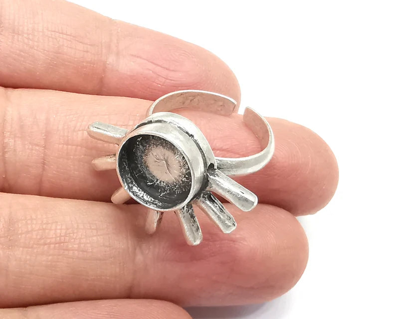 Sun Round Blank Silver Ring Setting Cabochon Mounting Adjustable Base Bezel Antique Silver Plated Brass (12mm blank) G27364