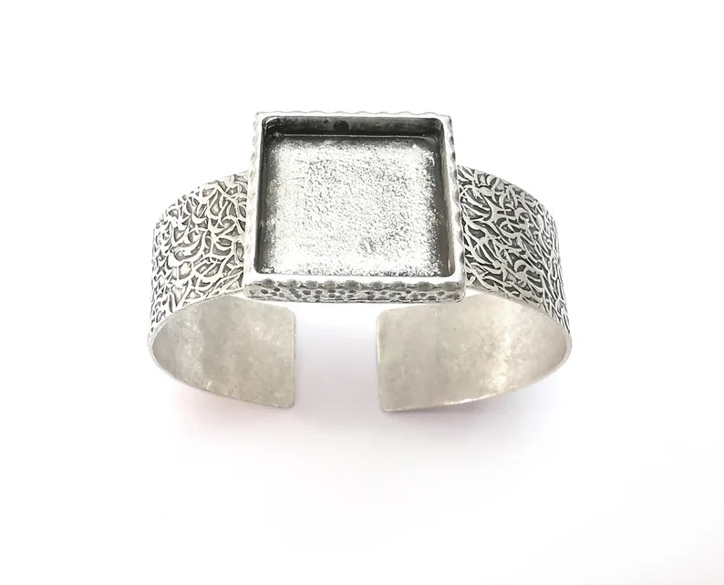 Bracelet Blank Resin Cuff Dry Flower inlay Blank Cuff Bezel Glass Cabochon Base Textured Adjustable Antique Silver Plated (25x25mm ) G27371