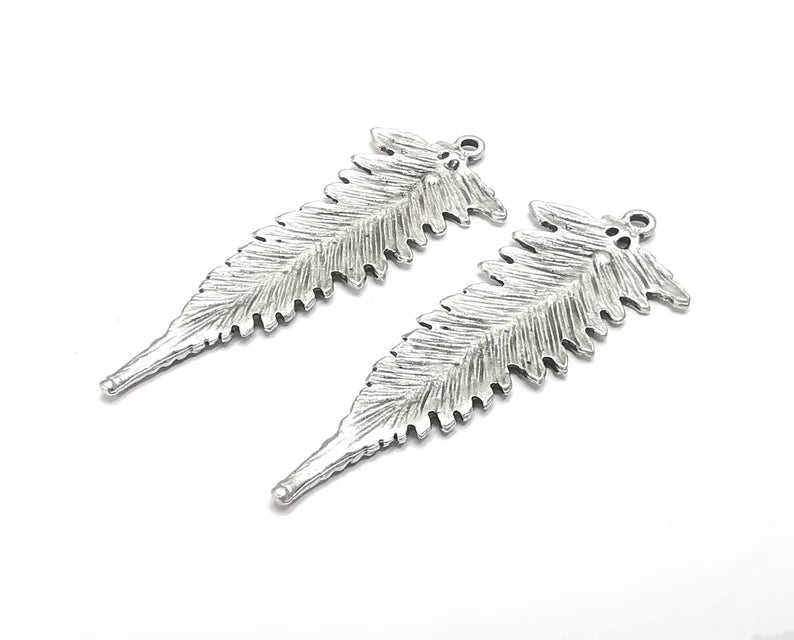 2 Fern Leaf Charms Antique Silver Plated Plants Pendant (53x22mm) G27245