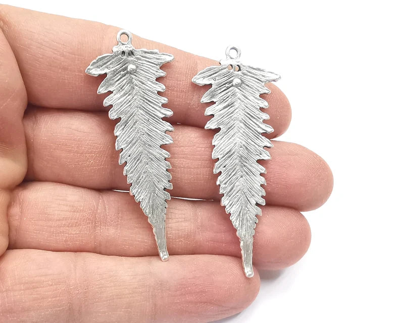 2 Fern Leaf Charms Antique Silver Plated Plants Pendant (53x22mm) G27245