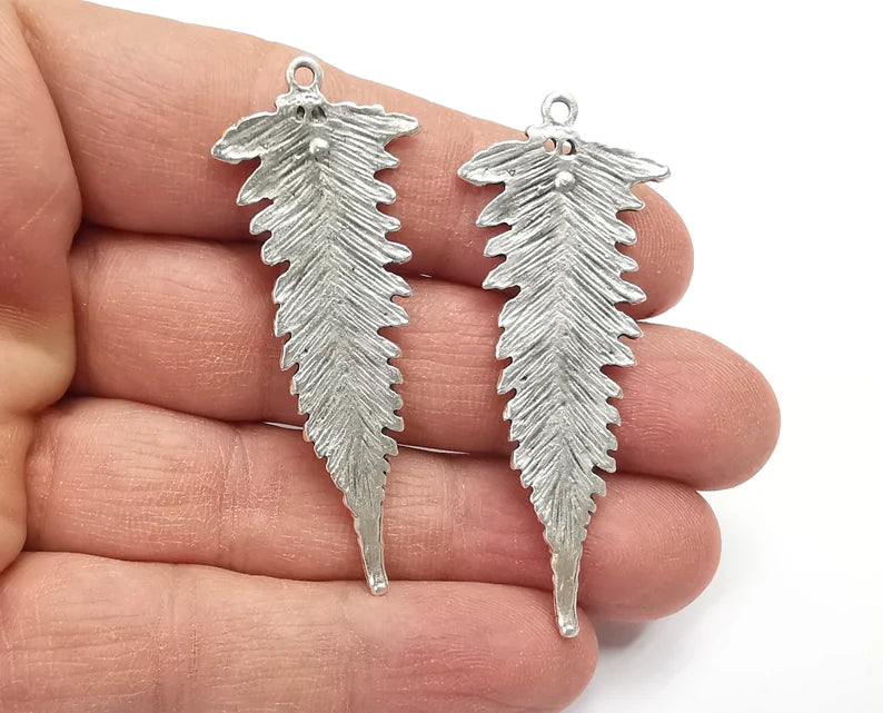 2 Fern Leaf Charms Antique Silver Plated Plants Pendant (53x22mm) G27245