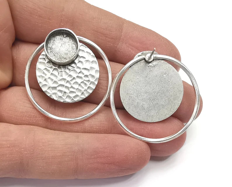 Disc Hammered Round Silver Earring Set Base Wire Antique Silver Plated Brass Earring Base (36x34mm) G27254
