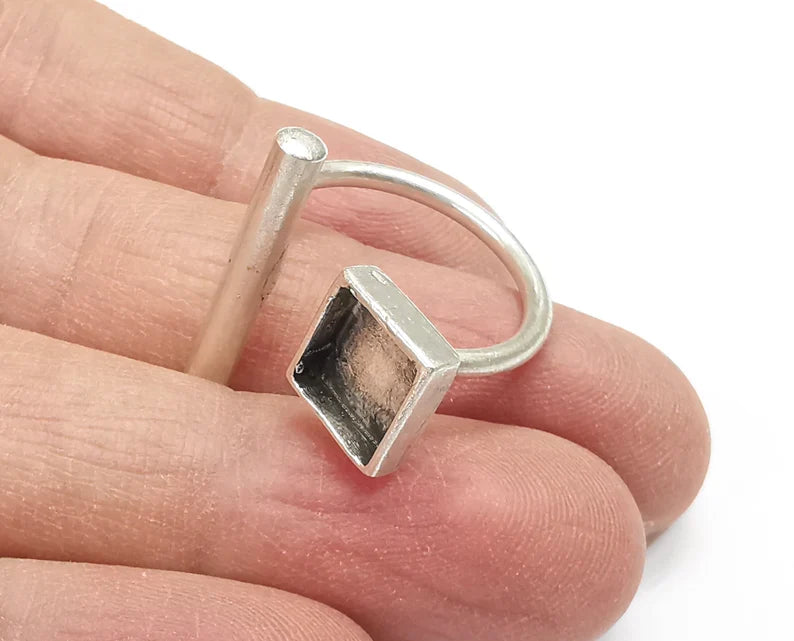 Ring Blanks Silver Rod Square Ring Setting Cabochon Mounting Adjustable Ring Base Bezel Antique Silver Plated Brass (8mm Blank) G27256