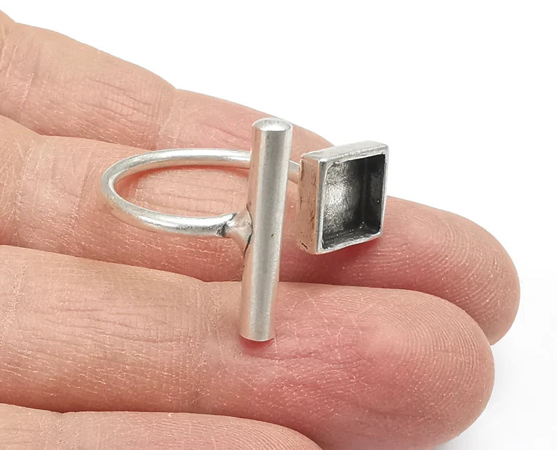 Ring Blanks Silver Rod Square Ring Setting Cabochon Mounting Adjustable Ring Base Bezel Antique Silver Plated Brass (8mm Blank) G27256