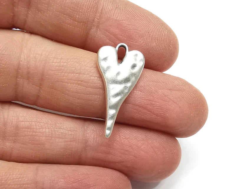 4 Heart Hammered Charms (Double Sided) Antique Silver Plated Charms (26x13mm) G27391