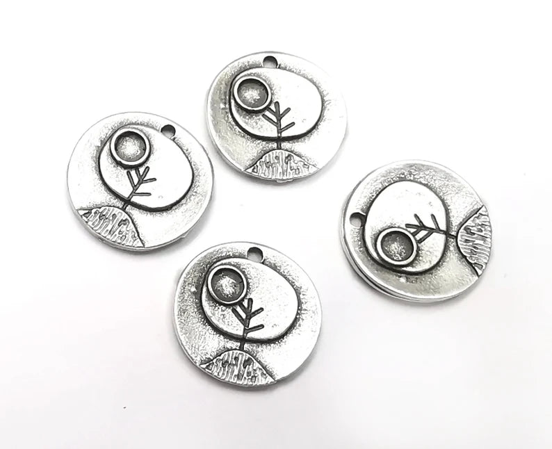 5 Sapling Branch Plant Charms Blank Bezel Setting Antique Silver Plated Charms (15mm) G27396