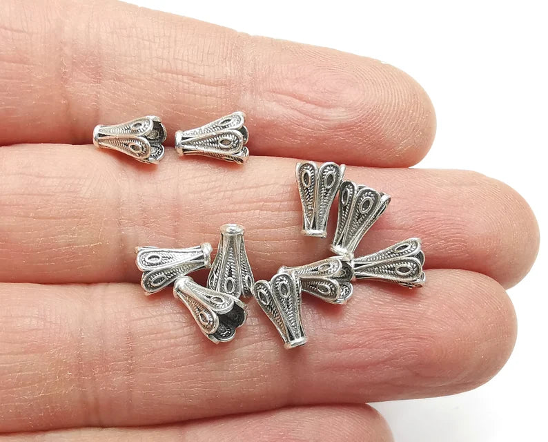 10 Silver Cone Caps Findings Antique Silver Plated Brass Findings (9x6mm) G27397