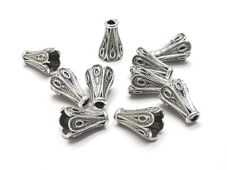 10 Silver Cone Caps Findings Antique Silver Plated Brass Findings (9x6mm) G27397