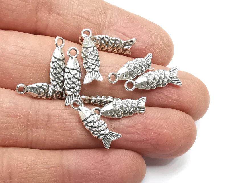 10 Fish (Double Sided) Charms Antique Silver Plated Charms (19x6mm) G27398