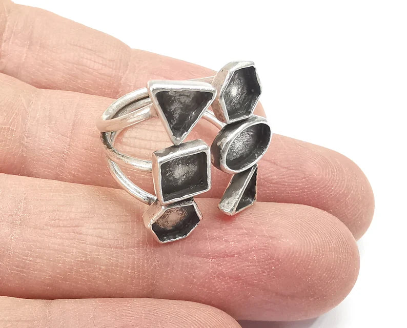 Geometric silver ring setting blank cabochon mounting Adjustable ring base bezel Antique Silver Plated Brass (8 and 6 mm blanks) G26123