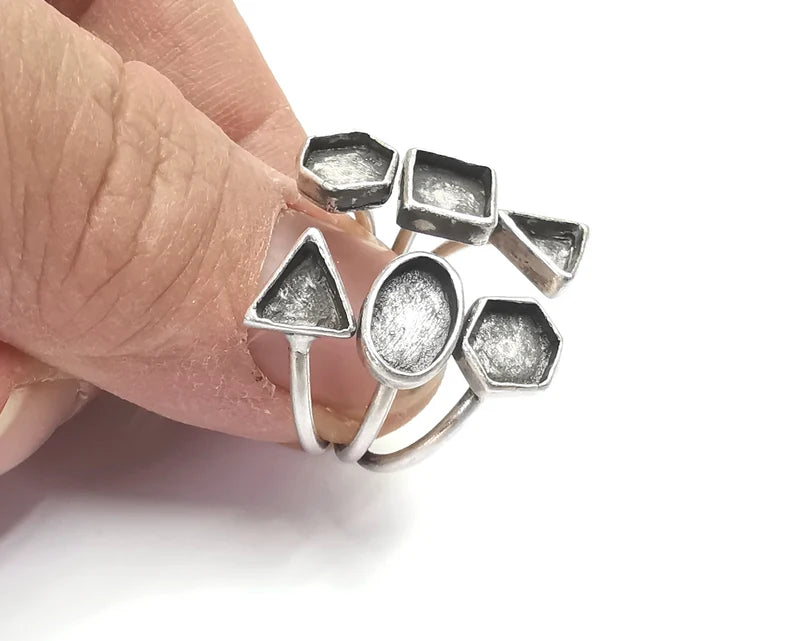 Geometric silver ring setting blank cabochon mounting Adjustable ring base bezel Antique Silver Plated Brass (8 and 6 mm blanks) G26123