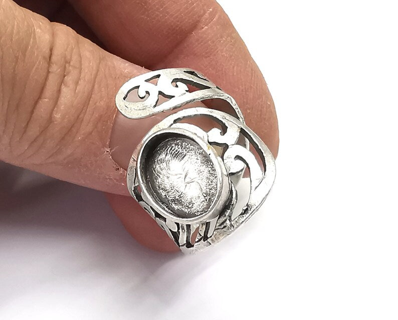 Wrap Silver Ring Blank Base Bezel Settings Cabochon Base Mountings Adjustable (14x10mm Blank) , Antique Silver Plated Brass G27260