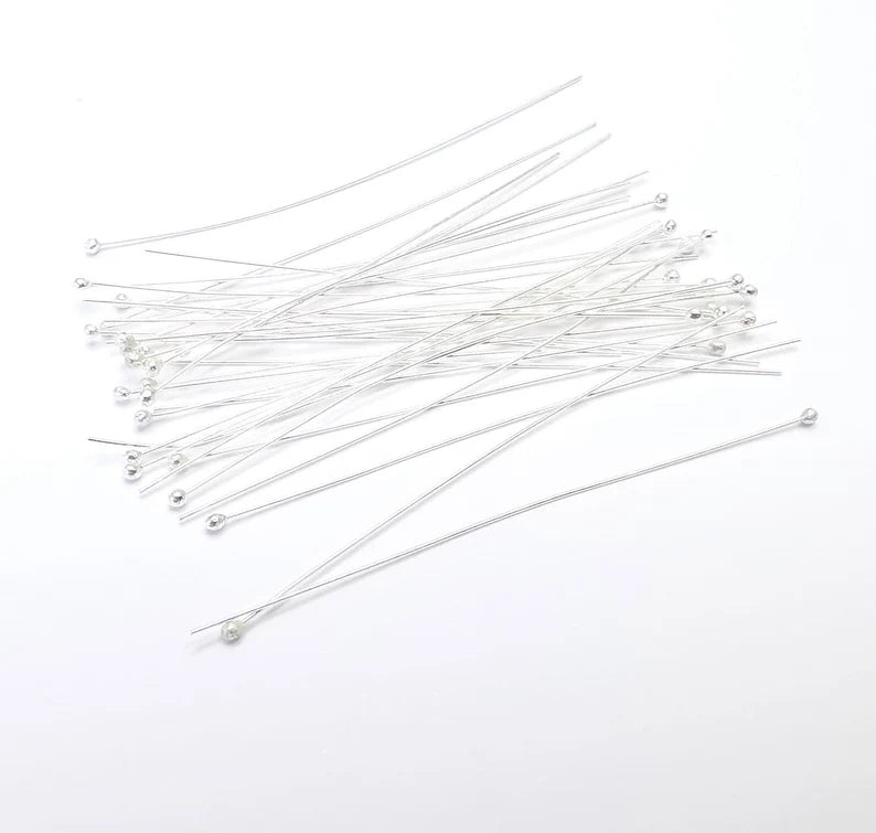 10 Pcs Sterling Silver Ball Head Pins, 2'', 28ga Extra Thin Long Pin (Length 2inch-50mm) (Thickness 0.32mm - 28 Gauge) 925 Silver Pin G30003