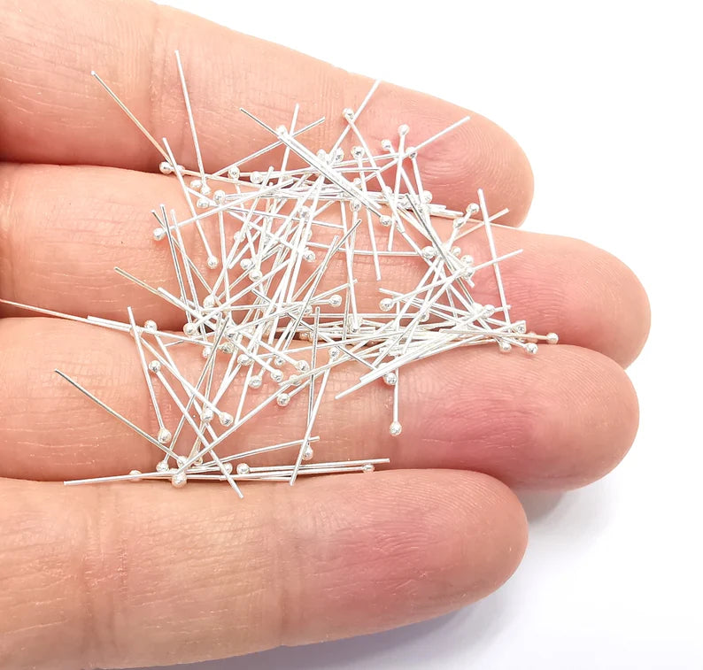 10 Solid Sterling Silver Ball Head Pins 0.8'', 24ga (0.8 inch - 20mm) (Thickness 0.5mm - 24 Gauge) 10 Pcs 925 Silver Ball Head pin G30087