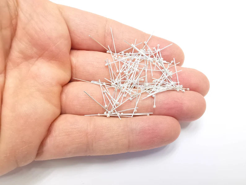 10 Solid Sterling Silver Ball Head Pins 0.8'', 24ga (0.8 inch - 20mm) (Thickness 0.5mm - 24 Gauge) 10 Pcs 925 Silver Ball Head pin G30087