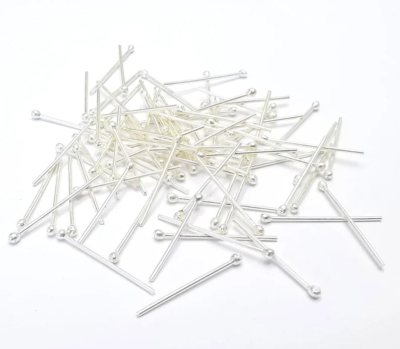 10 Sterling Silver Ball Head Pins, 0.8'', 24ga (Length 0.8 inch- 20mm) (2'', 24ga0,7mm - 21 Gauge) 10 Pcs 925 Silver Ball Head Pin G30037