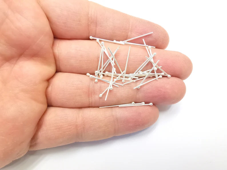 10 Sterling Silver Ball Head Pins, 0.8'', 24ga (Length 0.8 inch- 20mm) (2'', 24ga0,7mm - 21 Gauge) 10 Pcs 925 Silver Ball Head Pin G30037