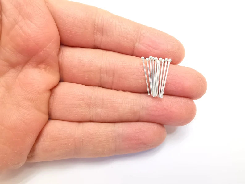 10 Sterling Silver Ball Head Pins, 0.8'', 24ga (Length 0.8 inch- 20mm) (2'', 24ga0,7mm - 21 Gauge) 10 Pcs 925 Silver Ball Head Pin G30037