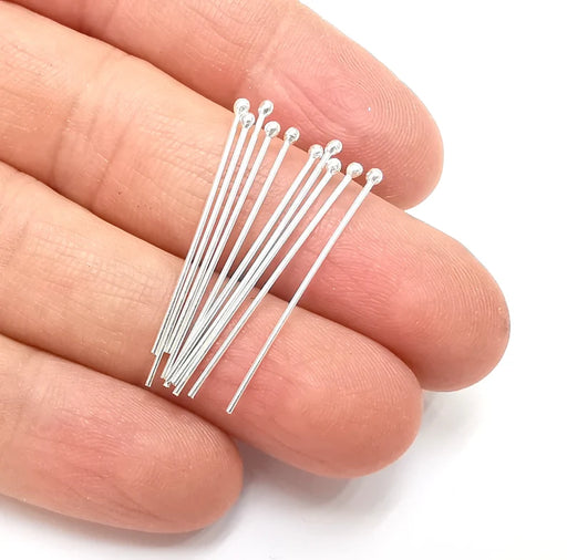 10Pcs Sterling Silver Ball Head Pins 1.2'', 21ga (Length 1.2 inch -30mm) (Thickness 0,7mm - 21 Gauge) 925 Solid Silver Ball Head pin G30092