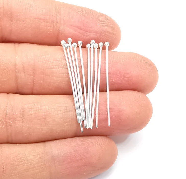 10Pcs Sterling Silver Ball Head Pins 1.2'', 21ga (Length 1.2 inch -30mm) (Thickness 0,7mm - 21 Gauge) 925 Solid Silver Ball Head pin G30092