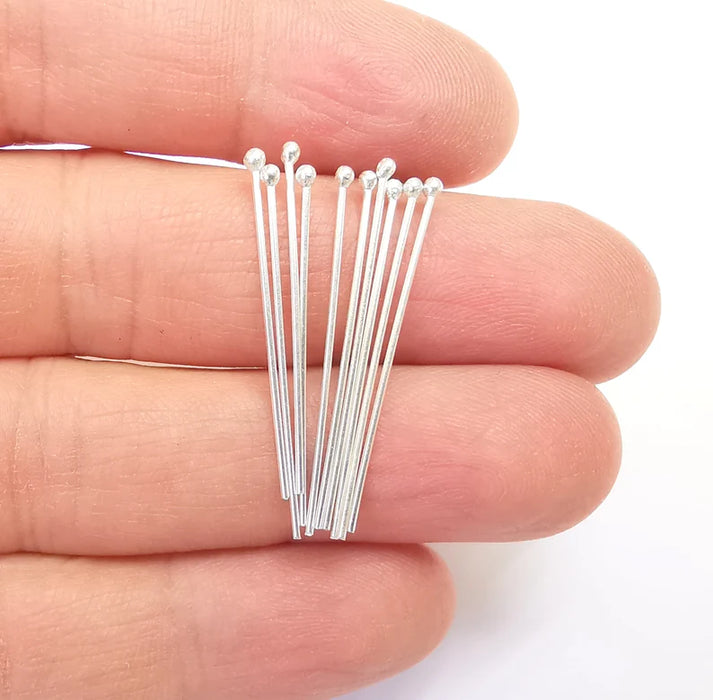 10Pcs Sterling Silver Ball Head Pins 1.2'', 21ga (Length 1.2 inch -30mm) (Thickness 0,7mm - 21 Gauge) 925 Solid Silver Ball Head pin G30092