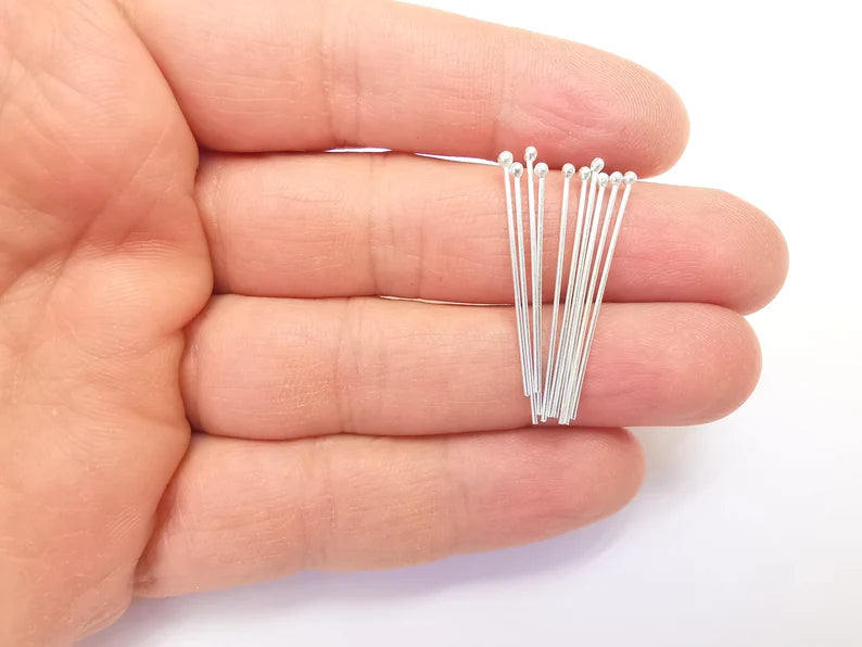 10Pcs Sterling Silver Ball Head Pins 1.2'', 21ga (Length 1.2 inch -30mm) (Thickness 0,7mm - 21 Gauge) 925 Solid Silver Ball Head pin G30092