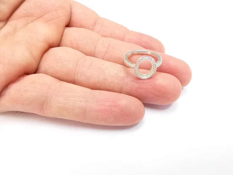 Sterling Silver Ring Blank Bezel 925 Silver Ring Setting Solid Silver Ring Cabochon Mounting Adjustable Ring Base (10x8mm round) G30151