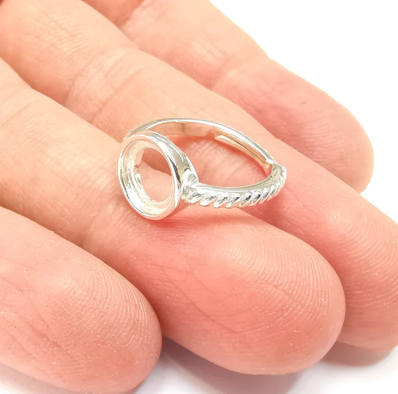 Sterling Silver Ring Blank Bezel 925 Silver Ring Setting Solid Silver Ring Cabochon Mounting Adjustable Ring Base (8mm round) G30355