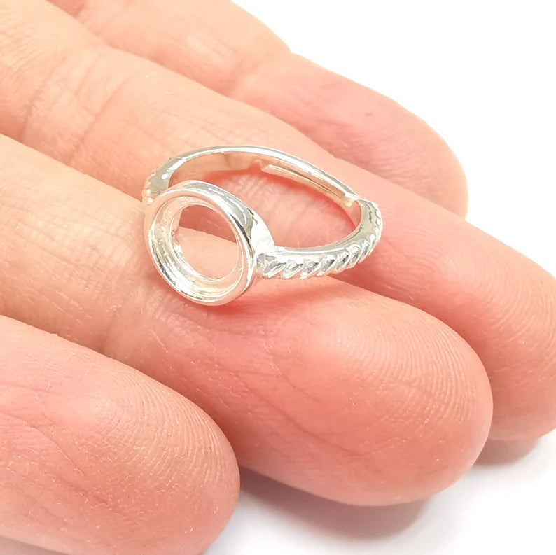 Sterling Silver Ring Blank Bezel 925 Silver Ring Setting Solid Silver Ring Cabochon Mounting Adjustable Ring Base (8mm round) G30355