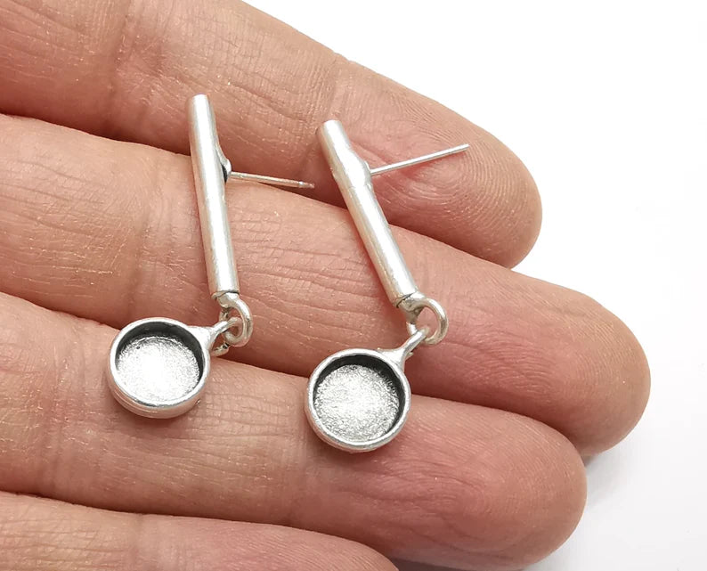Rod Stud Silver Earring Set Base Wire Antique Silver Plated Brass Earring Base (8mm blank) G27423