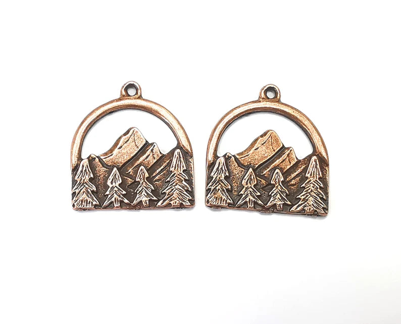 2 Mountain Landscape Pine Tree Pendant Charms Antique Copper Plated Pendant (29x26mm) G27429