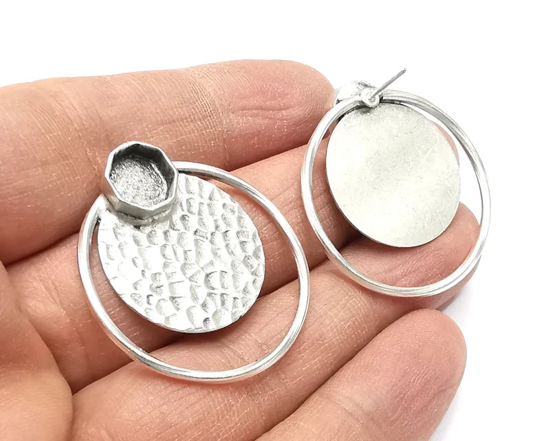 Hammered Disc Hoop Octagon Silver Earring Set Base Wire Antique Silver Plated Brass Earring Base (36x34mm) G27270