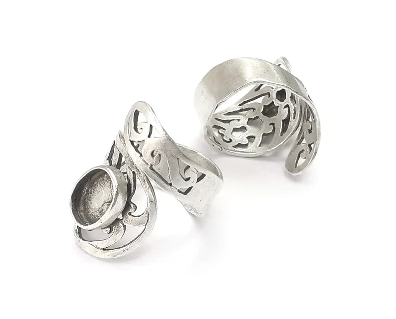 Wrap Silver Ring Blank Base Bezel Settings Cabochon Base Mountings Adjustable (11x8mm Blank) , Antique Silver Plated Brass G27271