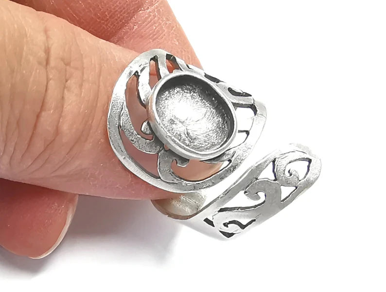 Wrap Silver Ring Blank Base Bezel Settings Cabochon Base Mountings Adjustable (11x8mm Blank) , Antique Silver Plated Brass G27271