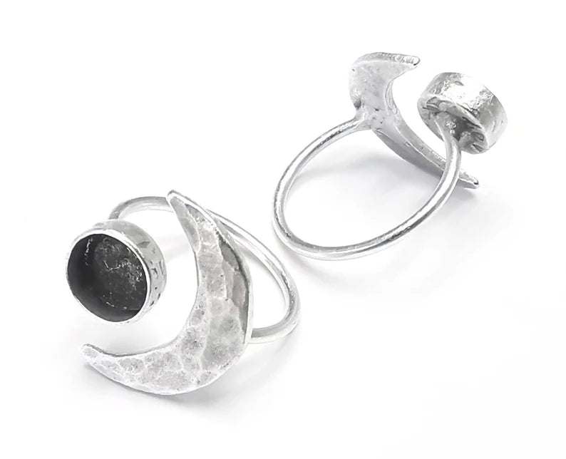 Crescent Moon Silver Ring Blank Base Bezel Settings Cabochon Base Mountings Adjustable , Antique Silver Plated Brass (8mm Blank) G27275