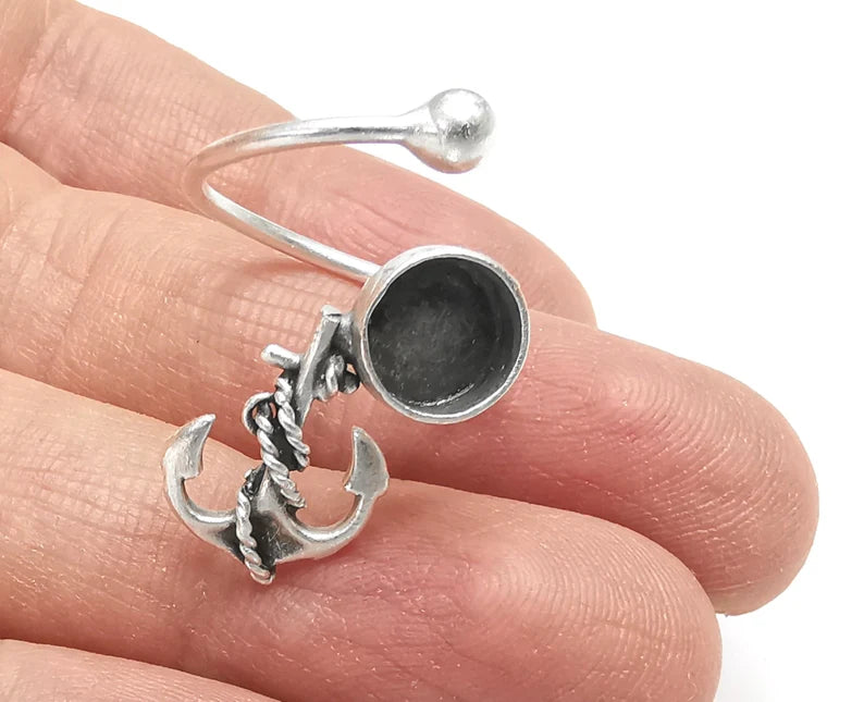 Anchor Sea Life Silver Ring Blank Base Bezel Settings Cabochon Base Mountings Adjustable , Antique Silver Plated Brass (8mm Blank) G27276