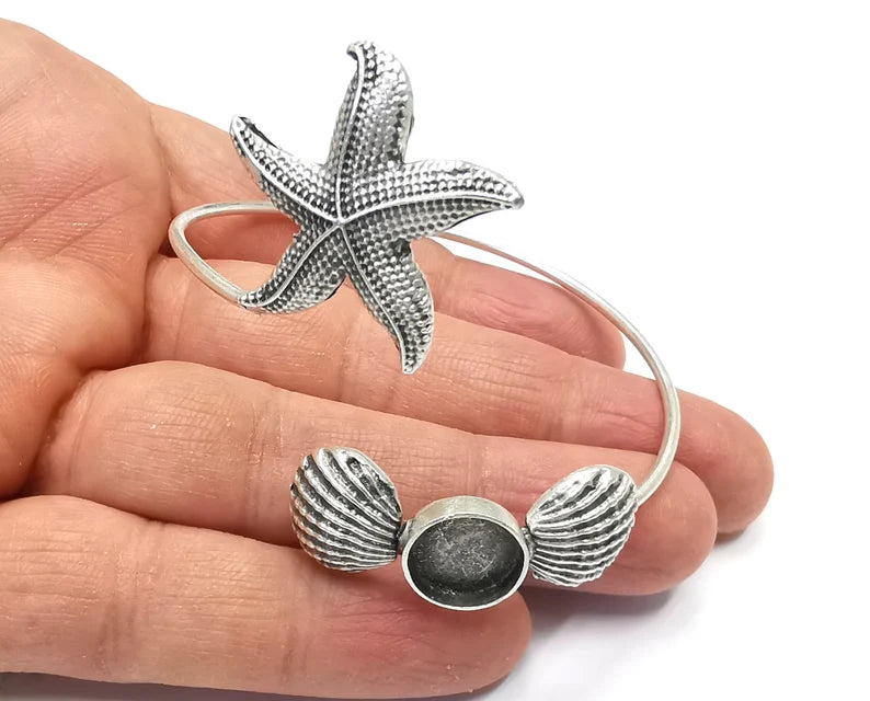 Scallop Starfish Silver Bracelet Brass Cuff Blank Bezel Glass Cabochon Base Adjustable Antique Silver Brass (12 mm blank) G33910