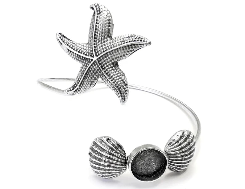 Scallop Starfish Silver Bracelet Brass Cuff Blank Bezel Glass Cabochon Base Adjustable Antique Silver Brass (12 mm blank) G33910