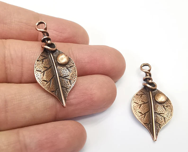 2 Leaf Charms, Dew Grain Charms, Antique Copper Plated Charms (40x19mm) G27435