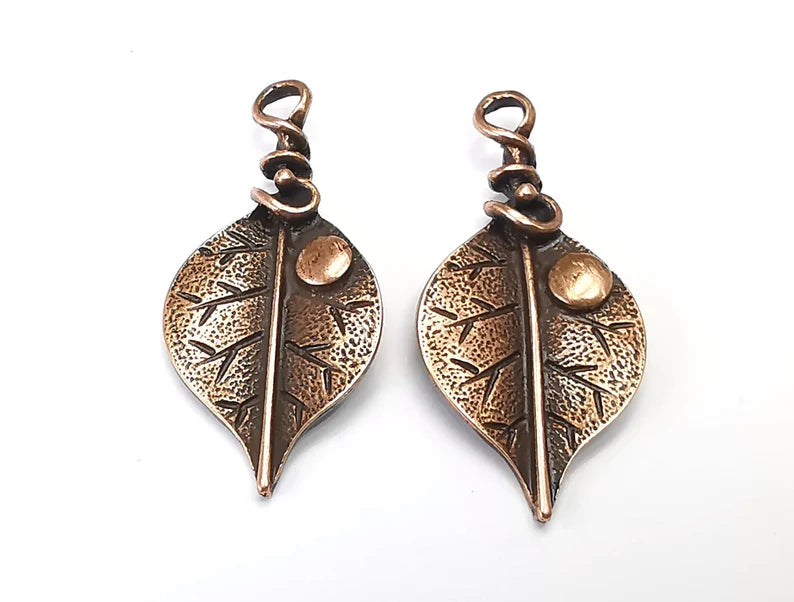 2 Leaf Charms, Dew Grain Charms, Antique Copper Plated Charms (40x19mm) G27435