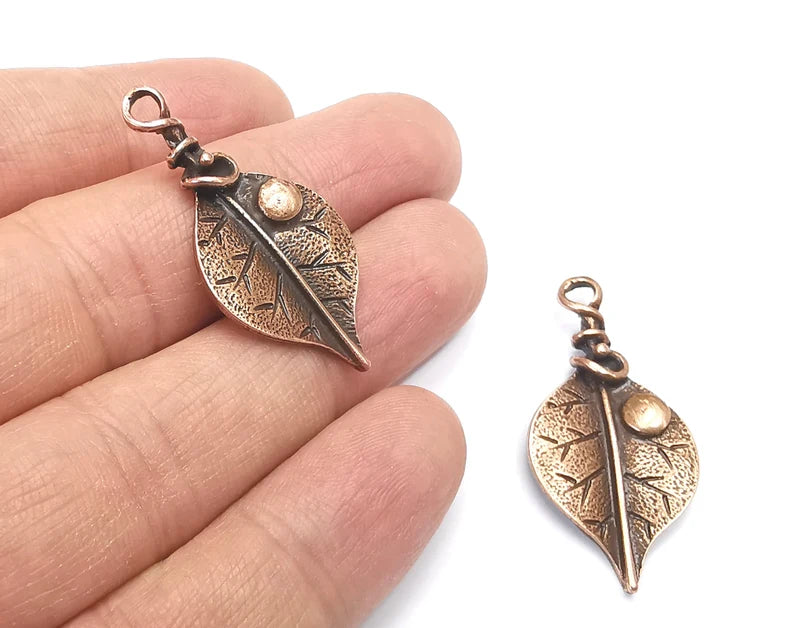 2 Leaf Charms, Dew Grain Charms, Antique Copper Plated Charms (40x19mm) G27435