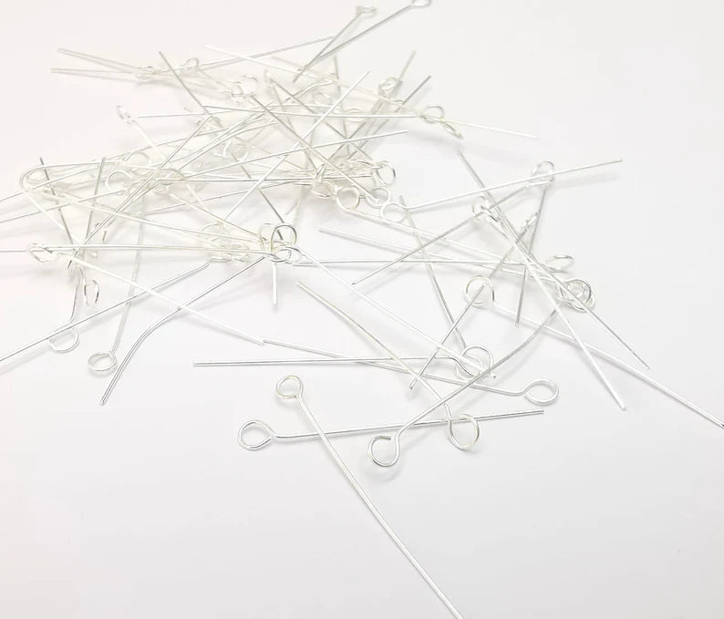 10 Pcs Sterling Silver Loop Head Pins 1.5'', 24ga (1.5 inch - 30mm) (Thickness 0,5mm - 24 Gauge) 925 Solid Silver Eye Pins G30198