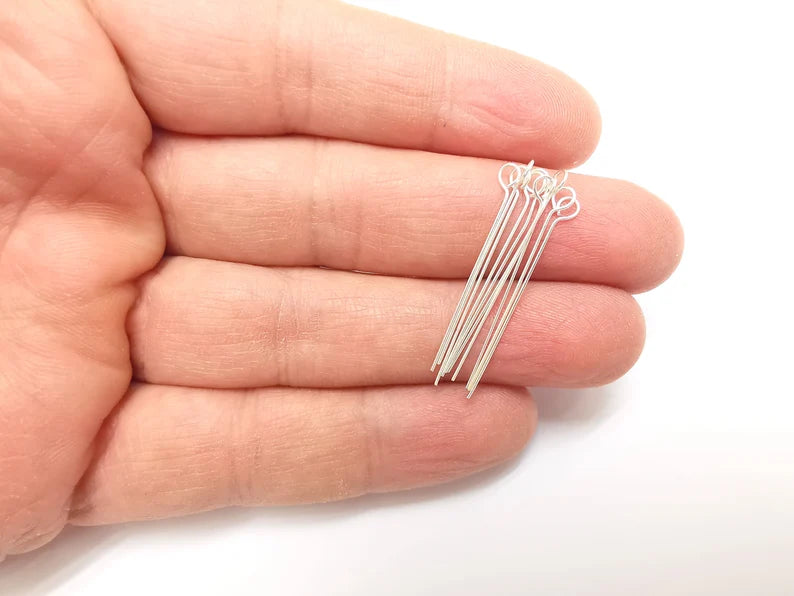 10 Pcs Sterling Silver Loop Head Pins 1.5'', 24ga (1.5 inch - 30mm) (Thickness 0,5mm - 24 Gauge) 925 Solid Silver Eye Pins G30198
