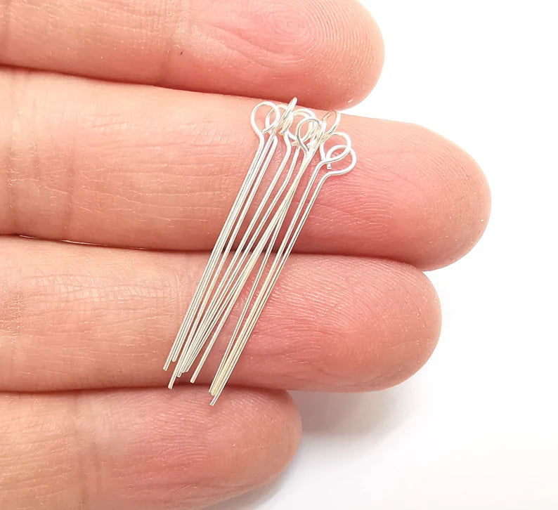 10 Pcs Sterling Silver Loop Head Pins 1.5'', 24ga (1.5 inch - 30mm) (Thickness 0,5mm - 24 Gauge) 925 Solid Silver Eye Pins G30198