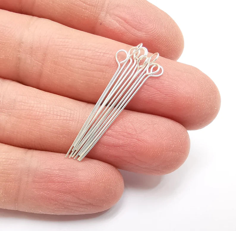 10 Pcs Sterling Silver Loop Head Pins 1.5'', 24ga (1.5 inch - 30mm) (Thickness 0,5mm - 24 Gauge) 925 Solid Silver Eye Pins G30198