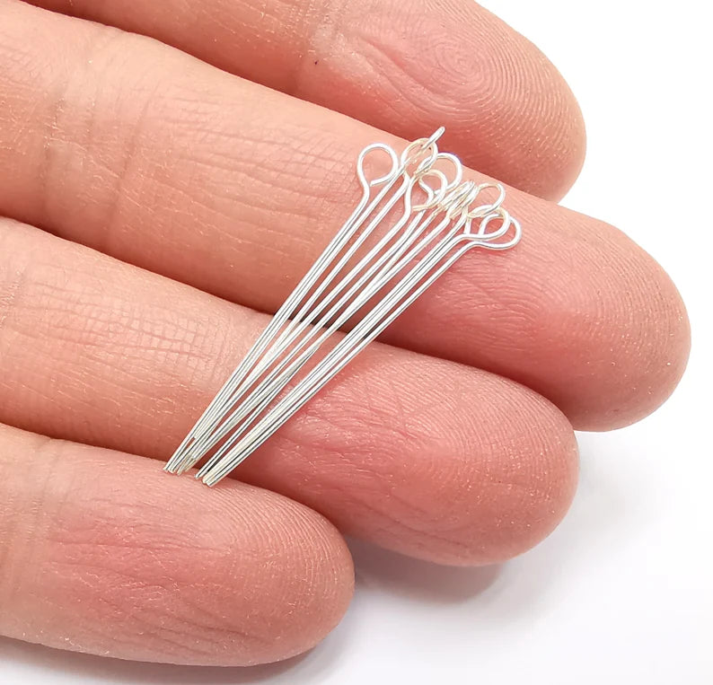 10 Pcs Sterling Silver Loop Head Pins 1.5'', 24ga (1.5 inch - 30mm) (Thickness 0,5mm - 24 Gauge) 925 Solid Silver Eye Pins G30198