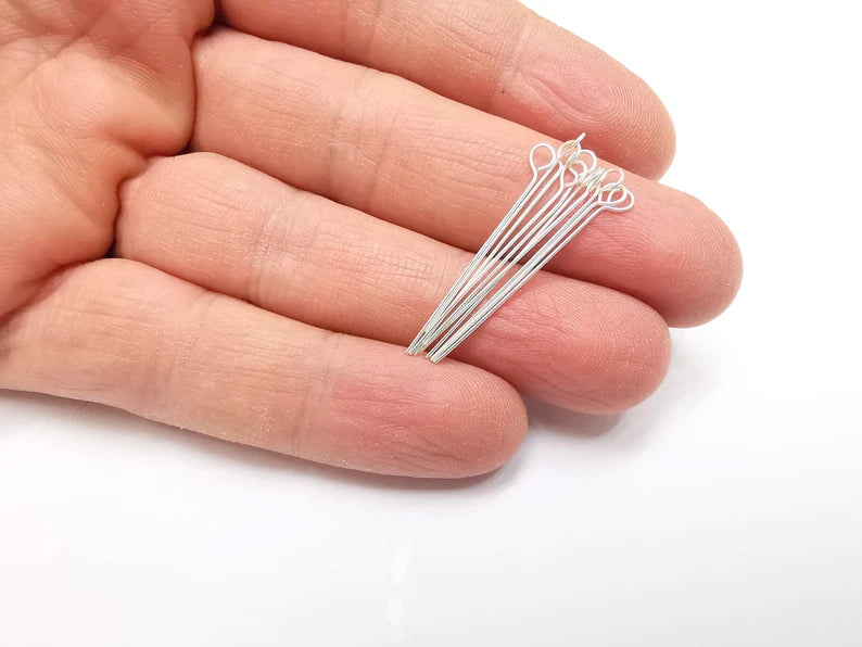 10 Pcs Sterling Silver Loop Head Pins 1.5'', 24ga (1.5 inch - 30mm) (Thickness 0,5mm - 24 Gauge) 925 Solid Silver Eye Pins G30198